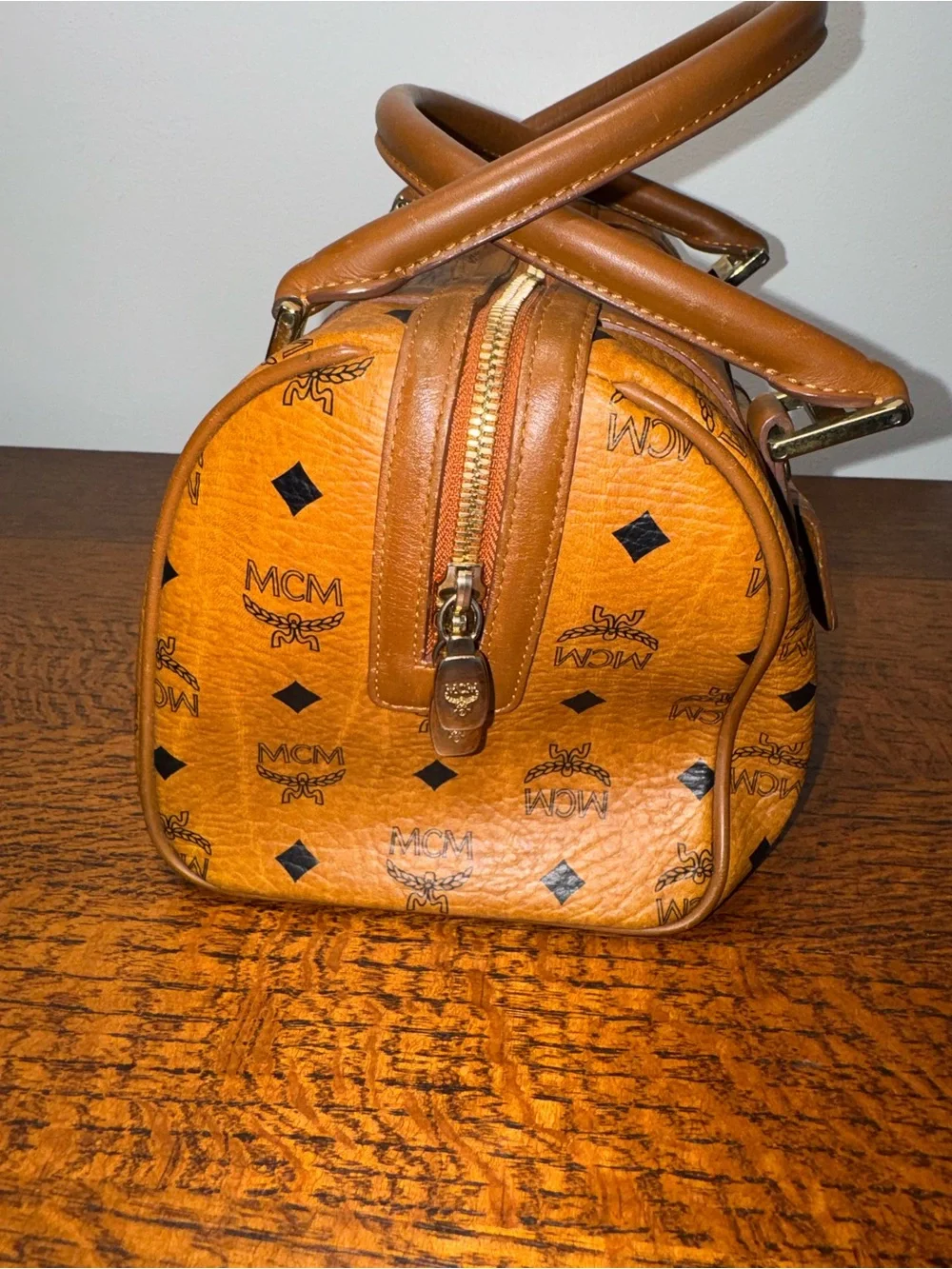 MCM Cognac Visetos Boston Bag w/Front Pocket and COA